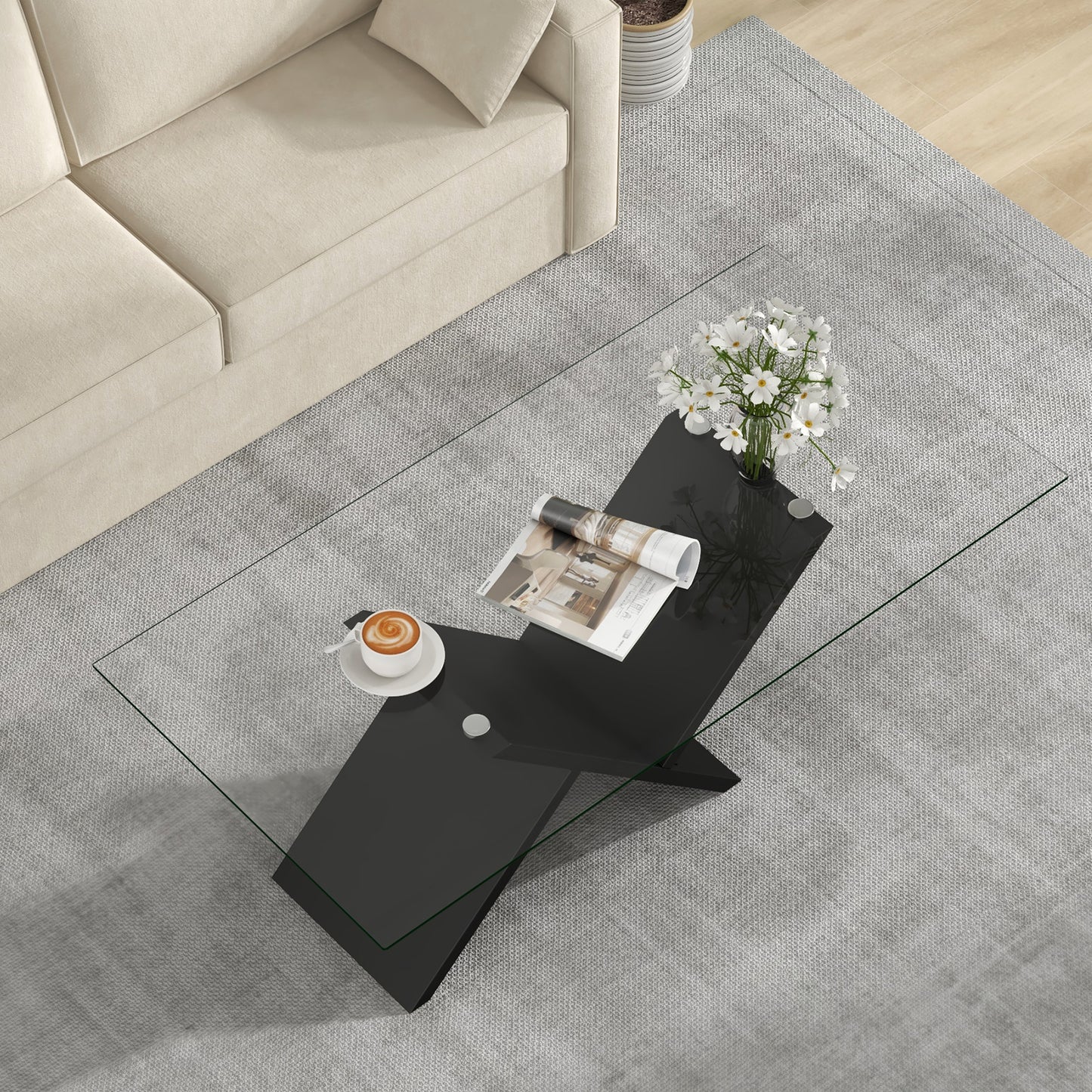 Tempered Glass Center Table with Wooden Base for Modern Living Spaces