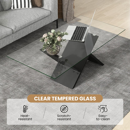 Tempered Glass Center Table with Wooden Base for Modern Living Spaces