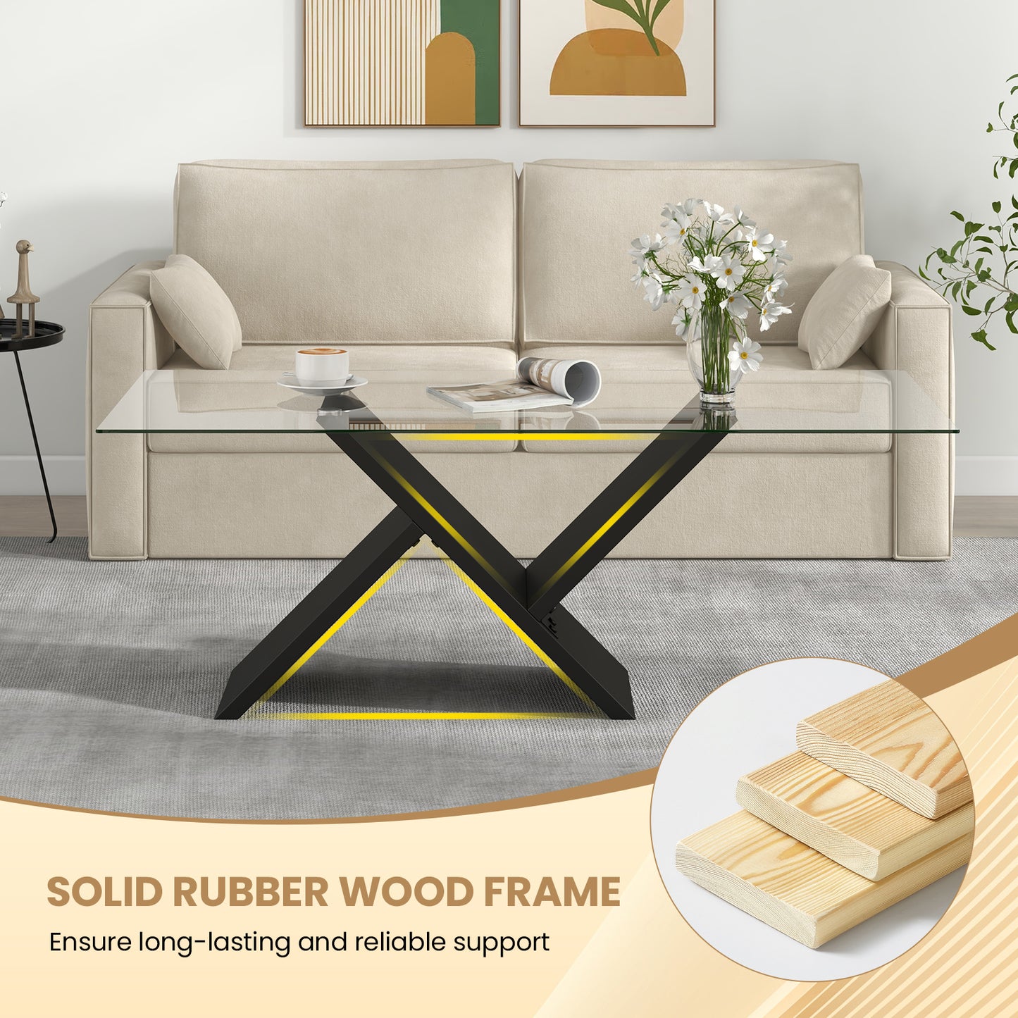 Tempered Glass Center Table with Wooden Base for Modern Living Spaces