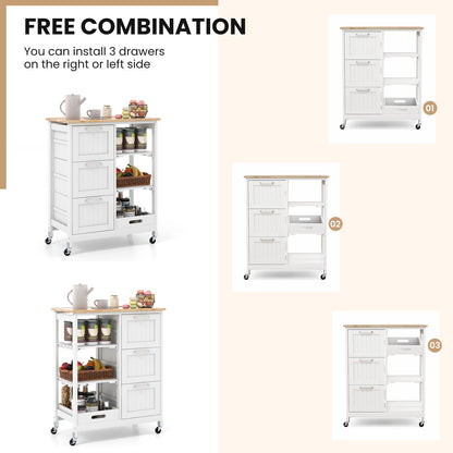 Rolling Kitchen Island Cart with 3 Drawers and Utility Storage Shelves - White