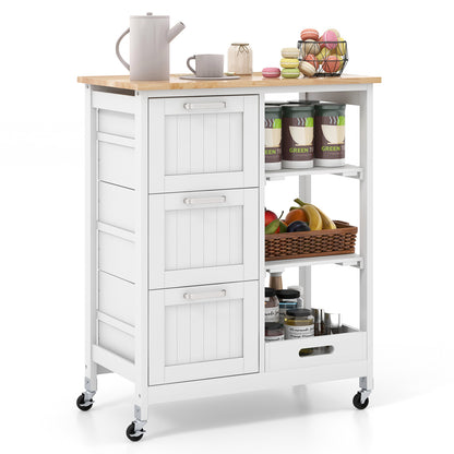 Rolling Kitchen Island Cart with 3 Drawers and Utility Storage Shelves - White