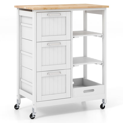 Rolling Kitchen Island Cart with 3 Drawers and Utility Storage Shelves - White