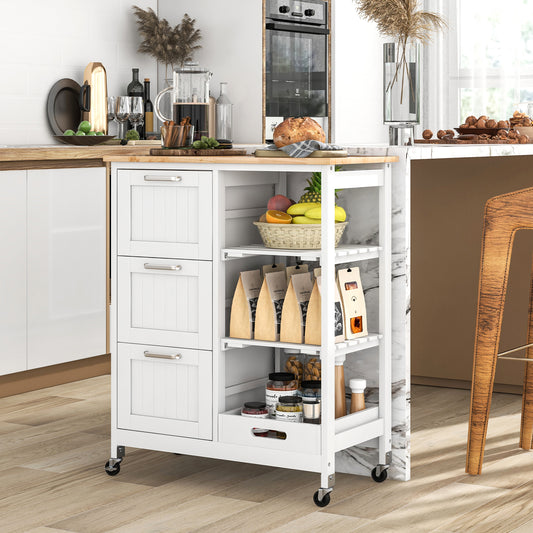Rolling Kitchen Island Cart with 3 Drawers and Utility Storage Shelves - White