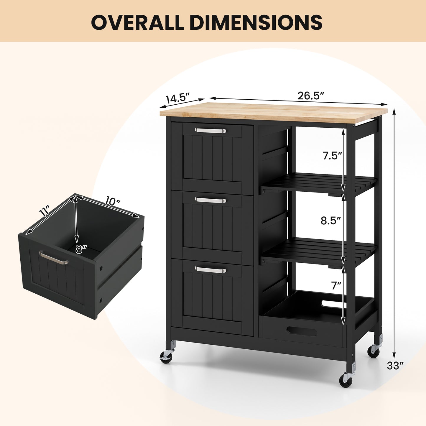 Rolling Kitchen Island Cart with 3 Drawers and Utility Storage Shelves - Black