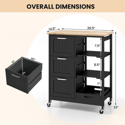 Rolling Kitchen Island Cart with 3 Drawers and Utility Storage Shelves - Black