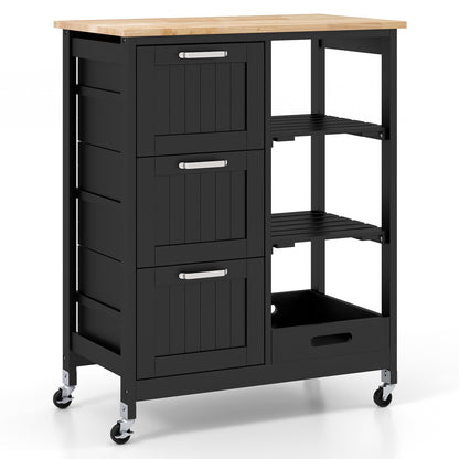 Rolling Kitchen Island Cart with 3 Drawers and Utility Storage Shelves - Black