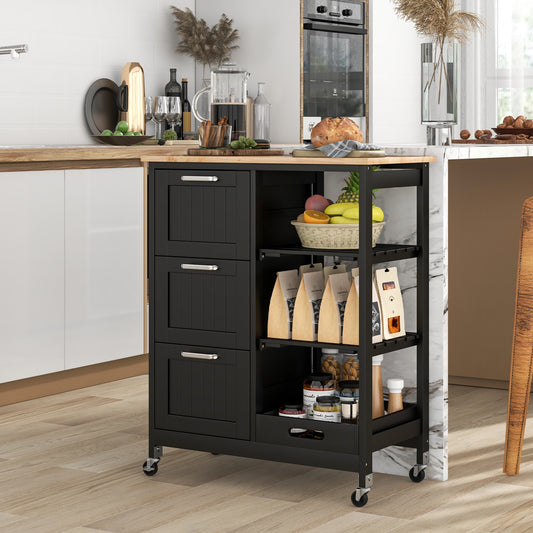 Rolling Kitchen Island Cart with 3 Drawers and Utility Storage Shelves - Black