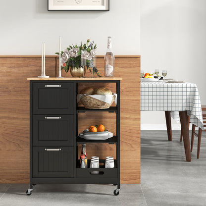 Rolling Kitchen Island Cart with 3 Drawers and Utility Storage Shelves - Black