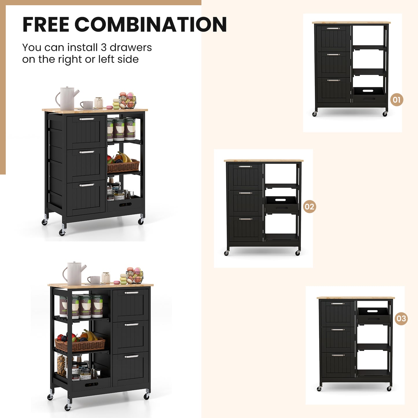 Rolling Kitchen Island Cart with 3 Drawers and Utility Storage Shelves - Black