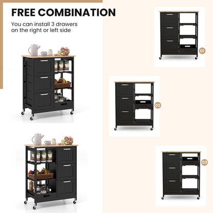 Rolling Kitchen Island Cart with 3 Drawers and Utility Storage Shelves - Black