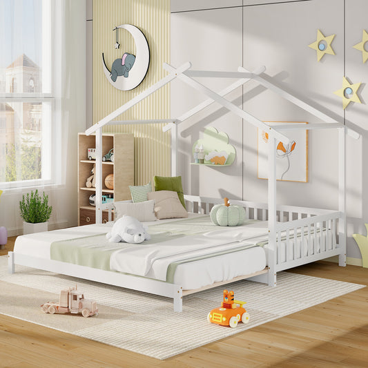 Convertible House-Shaped Twin to King Daybed with Roof and Safety Rails – White