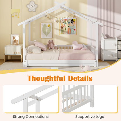 Convertible House-Shaped Twin to King Daybed with Roof and Safety Rails – White