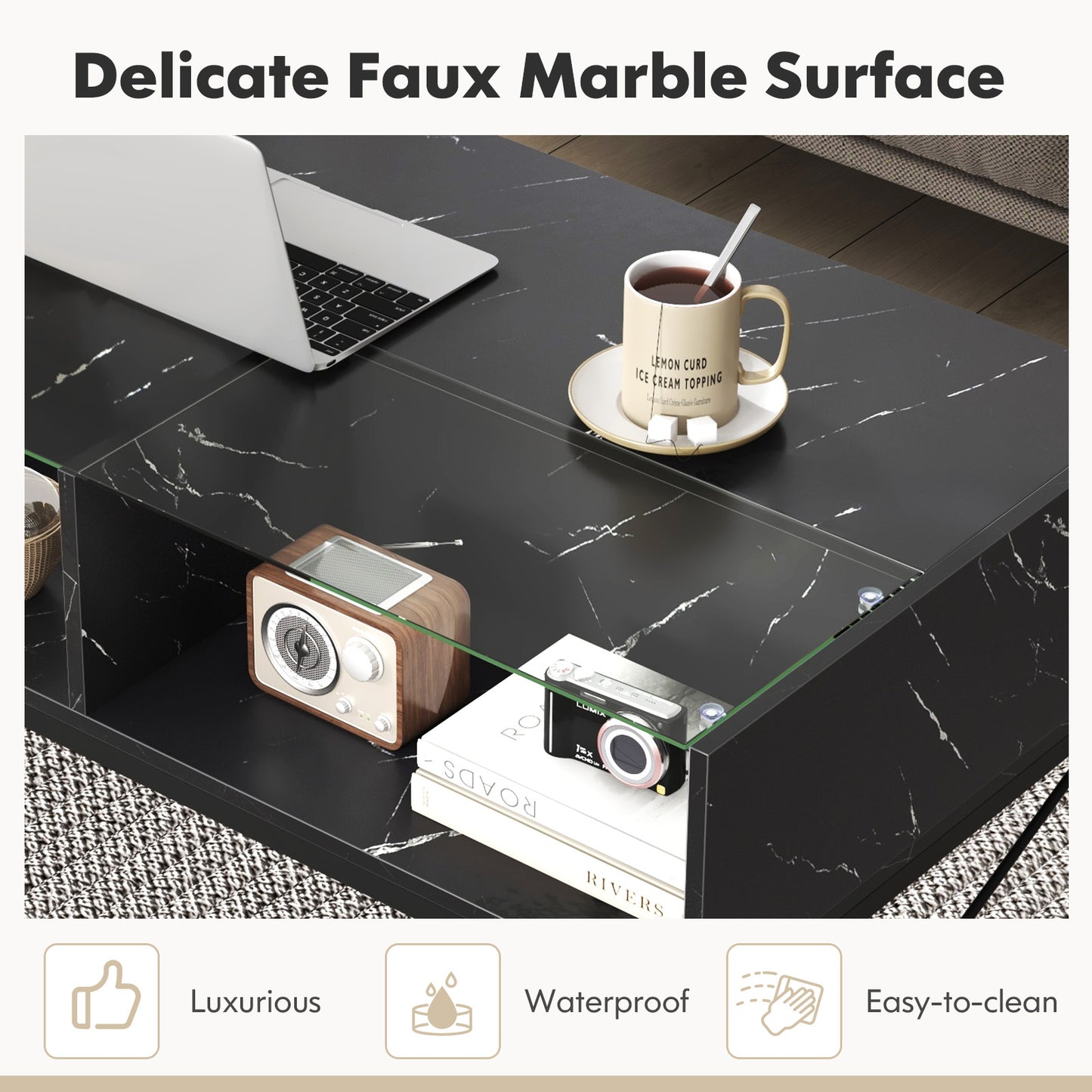 Modern LED Coffee Table with Faux Marble and Tempered Glass Top in Black