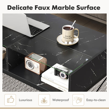 Modern LED Coffee Table with Faux Marble and Tempered Glass Top in Black