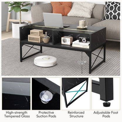 Modern LED Coffee Table with Faux Marble and Tempered Glass Top in Black