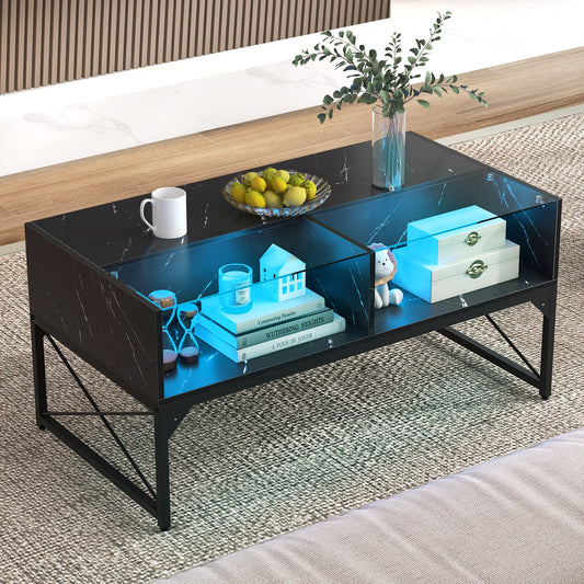 Modern LED Coffee Table with Faux Marble and Tempered Glass Top in Black