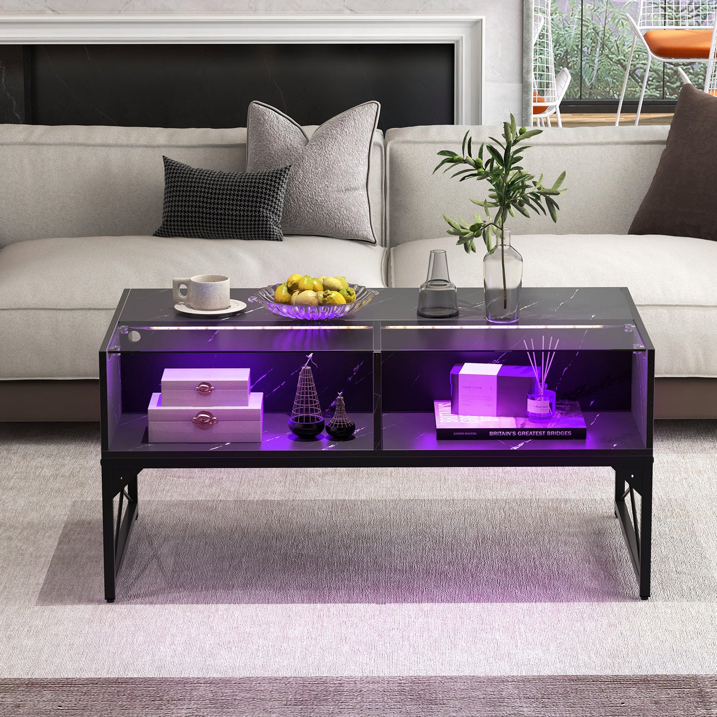 Modern LED Coffee Table with Faux Marble and Tempered Glass Top in Black