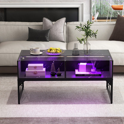 Modern LED Coffee Table with Faux Marble and Tempered Glass Top in Black