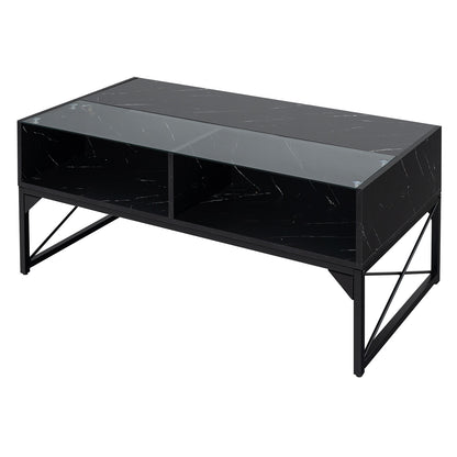 Modern LED Coffee Table with Faux Marble and Tempered Glass Top in Black