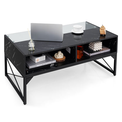 Modern LED Coffee Table with Faux Marble and Tempered Glass Top in Black
