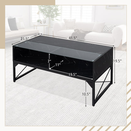 Modern LED Coffee Table with Faux Marble and Tempered Glass Top in Black