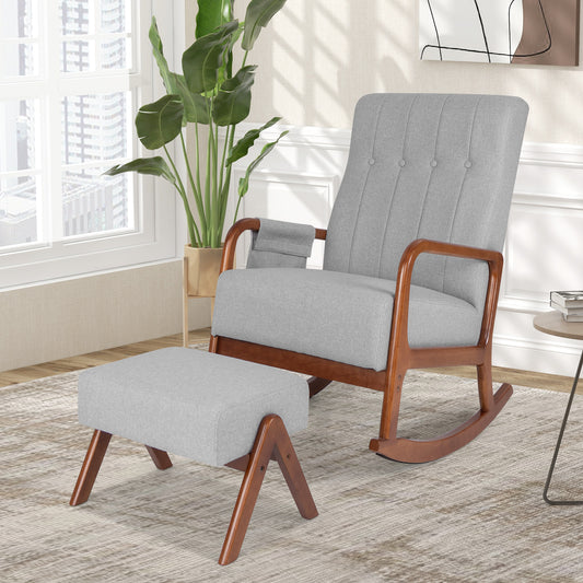 Rocking Chair and Ottoman Set with Padded Cushions and Ergonomic Design, Grey