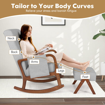 Rocking Chair and Ottoman Set with Padded Cushions and Ergonomic Design, Grey