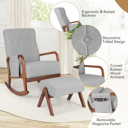 Rocking Chair and Ottoman Set with Padded Cushions and Ergonomic Design, Grey