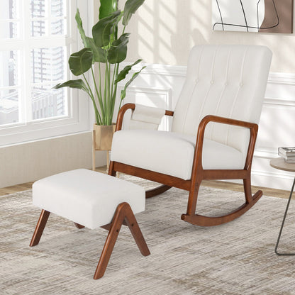 Rocking Chair and Ottoman Set with Padded Cushions and Ergonomic Design, Beige