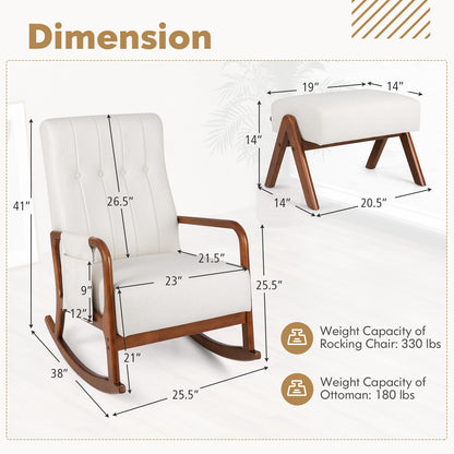 Rocking Chair and Ottoman Set with Padded Cushions and Ergonomic Design, Beige