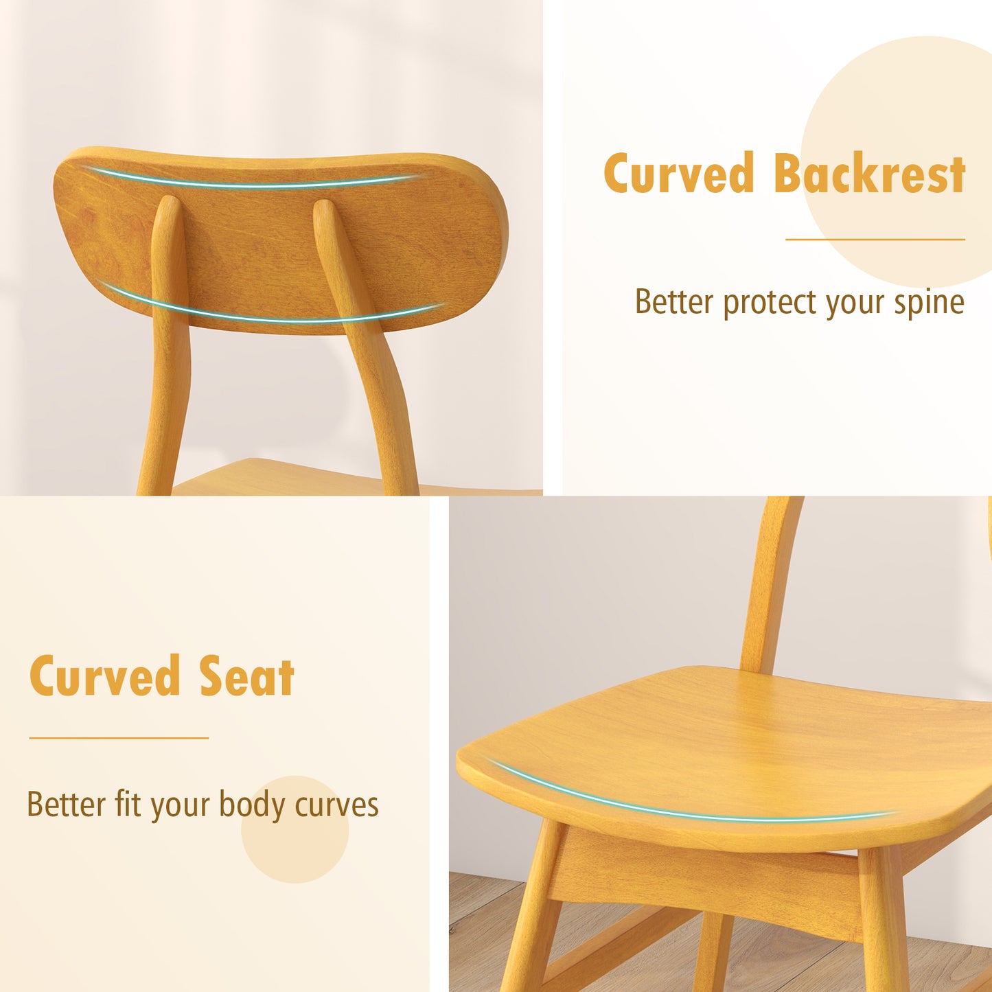 Modern Dining Chairs with Curved Backrest and Seat - Natural, Set of 2