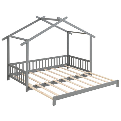 Convertible House-Shaped Twin to King Daybed with Roof and Safety Rails – Grey