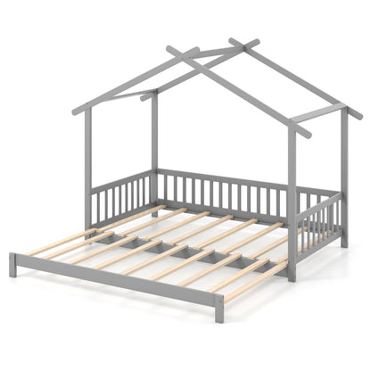 Convertible House-Shaped Twin to King Daybed with Roof and Safety Rails – Grey