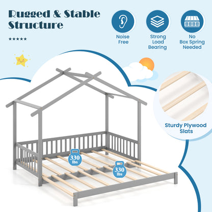 Convertible House-Shaped Twin to King Daybed with Roof and Safety Rails – Grey