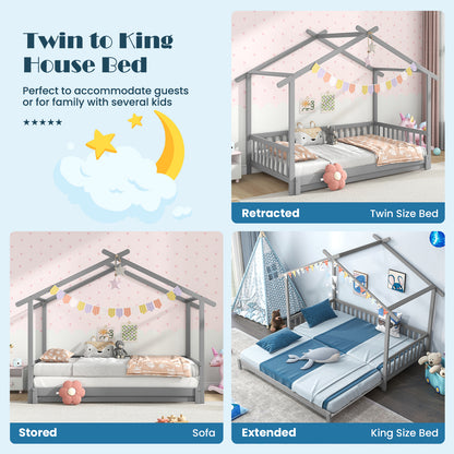 Convertible House-Shaped Twin to King Daybed with Roof and Safety Rails – Grey