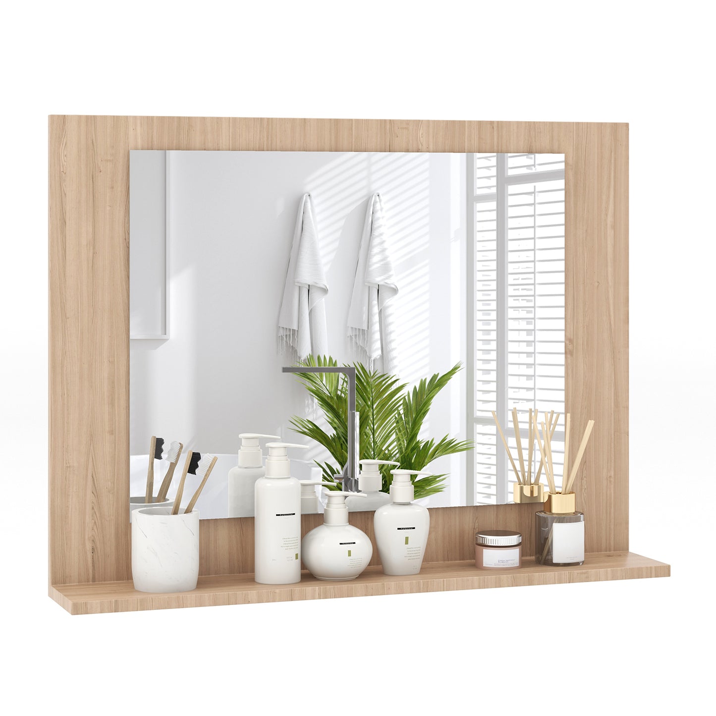 23.5 x 17.5 Inch Rectangle Bathroom Mirror with Shelf and Wood Frame - Brown