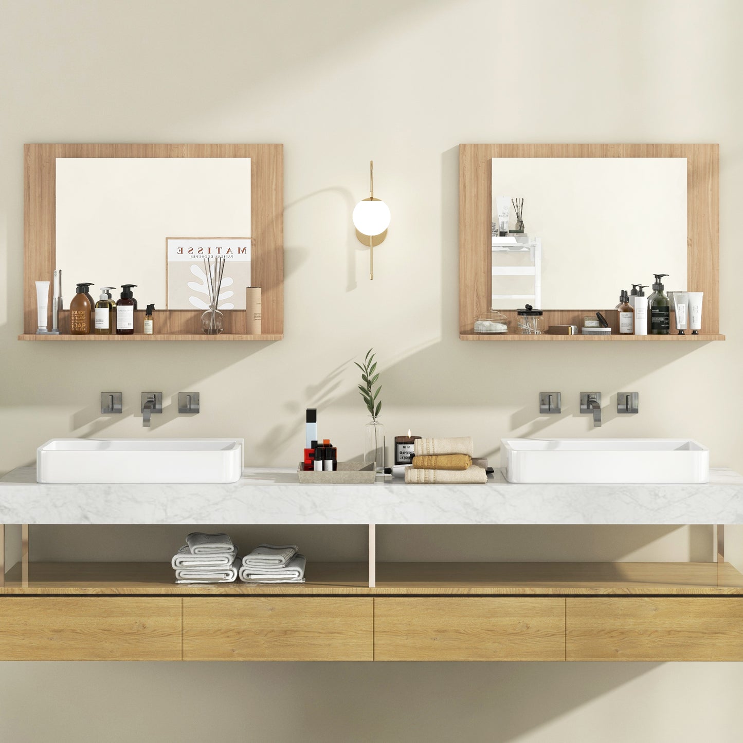 23.5 x 17.5 Inch Rectangle Bathroom Mirror with Shelf and Wood Frame - Brown