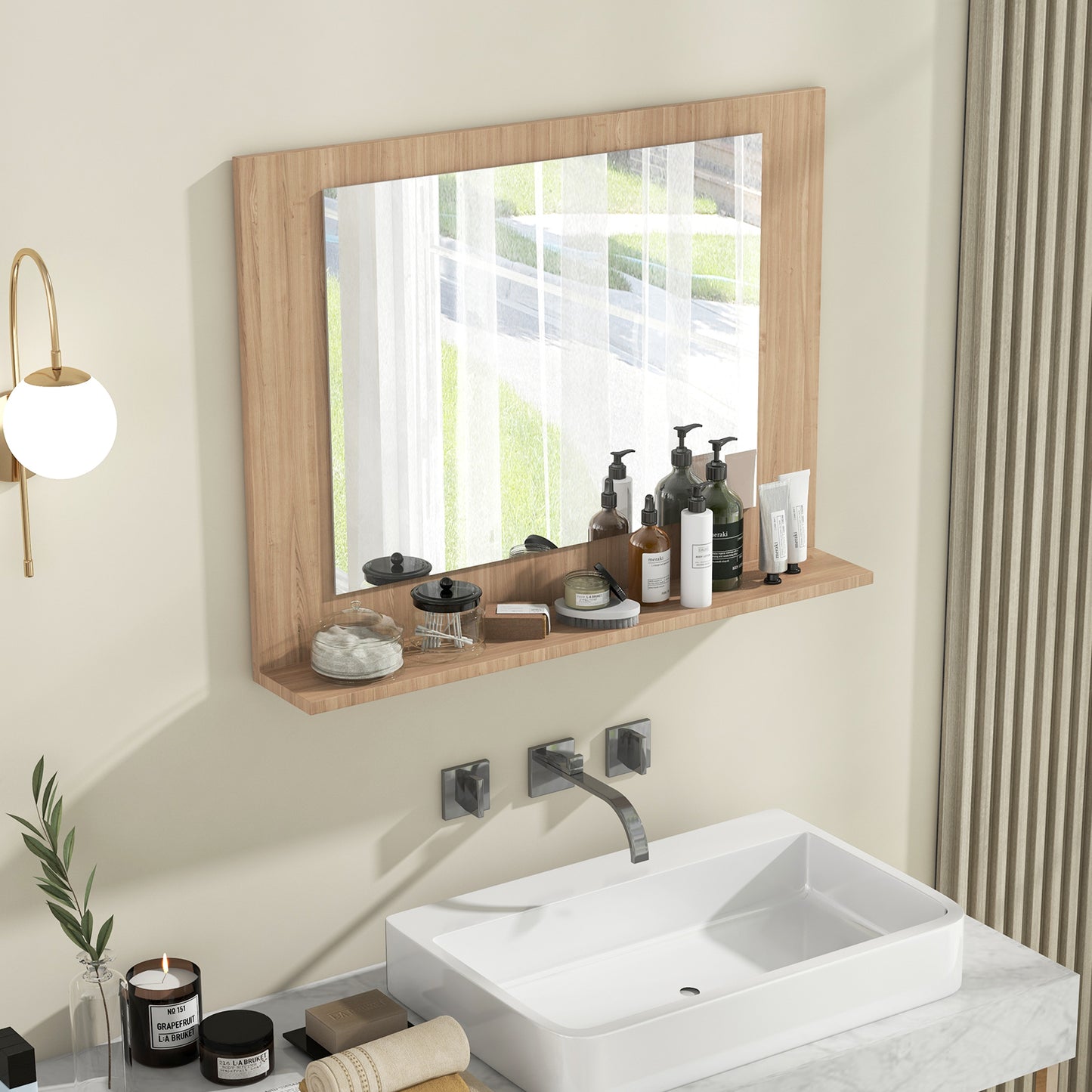 23.5 x 17.5 Inch Rectangle Bathroom Mirror with Shelf and Wood Frame - Brown
