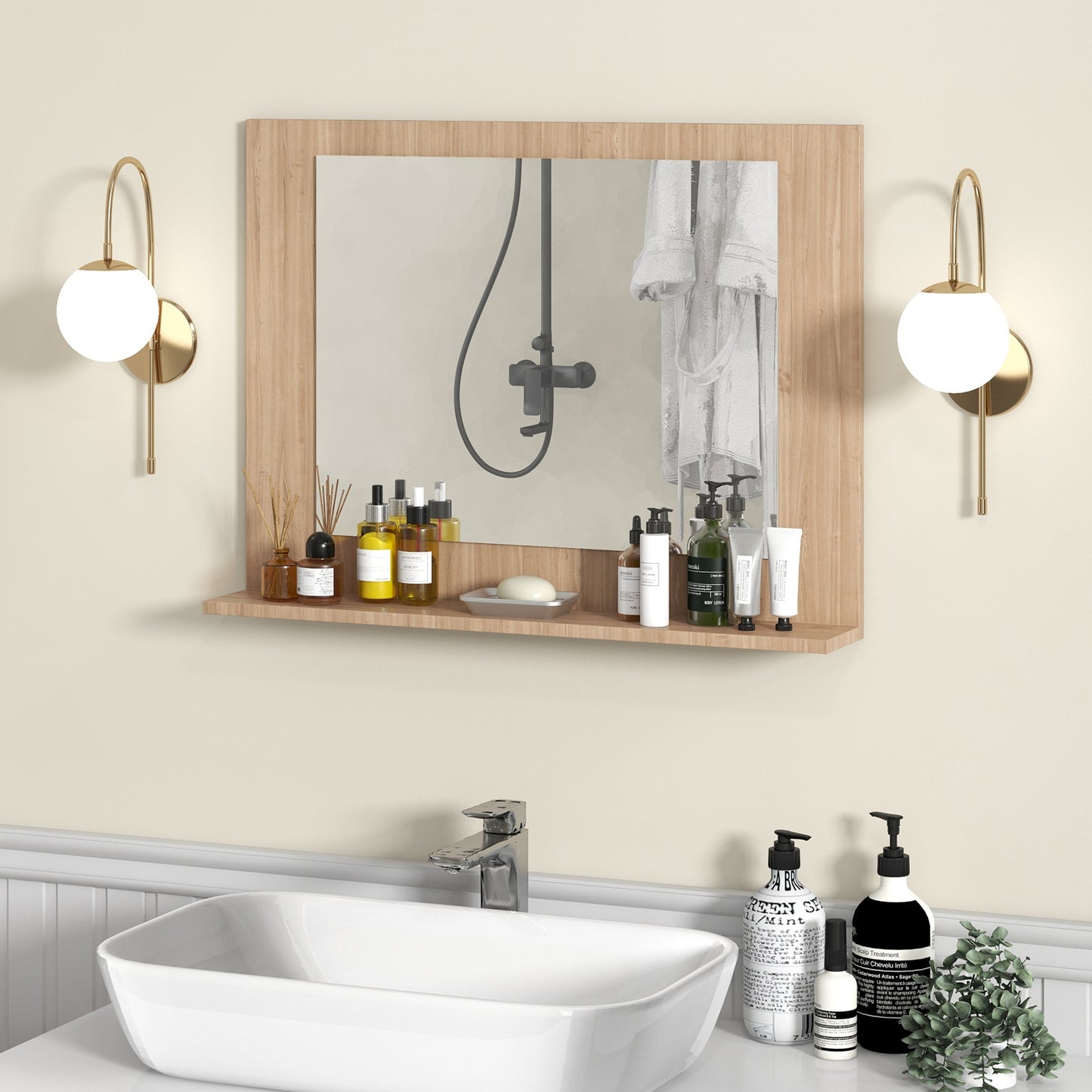 23.5 x 17.5 Inch Rectangle Bathroom Mirror with Shelf and Wood Frame - Brown