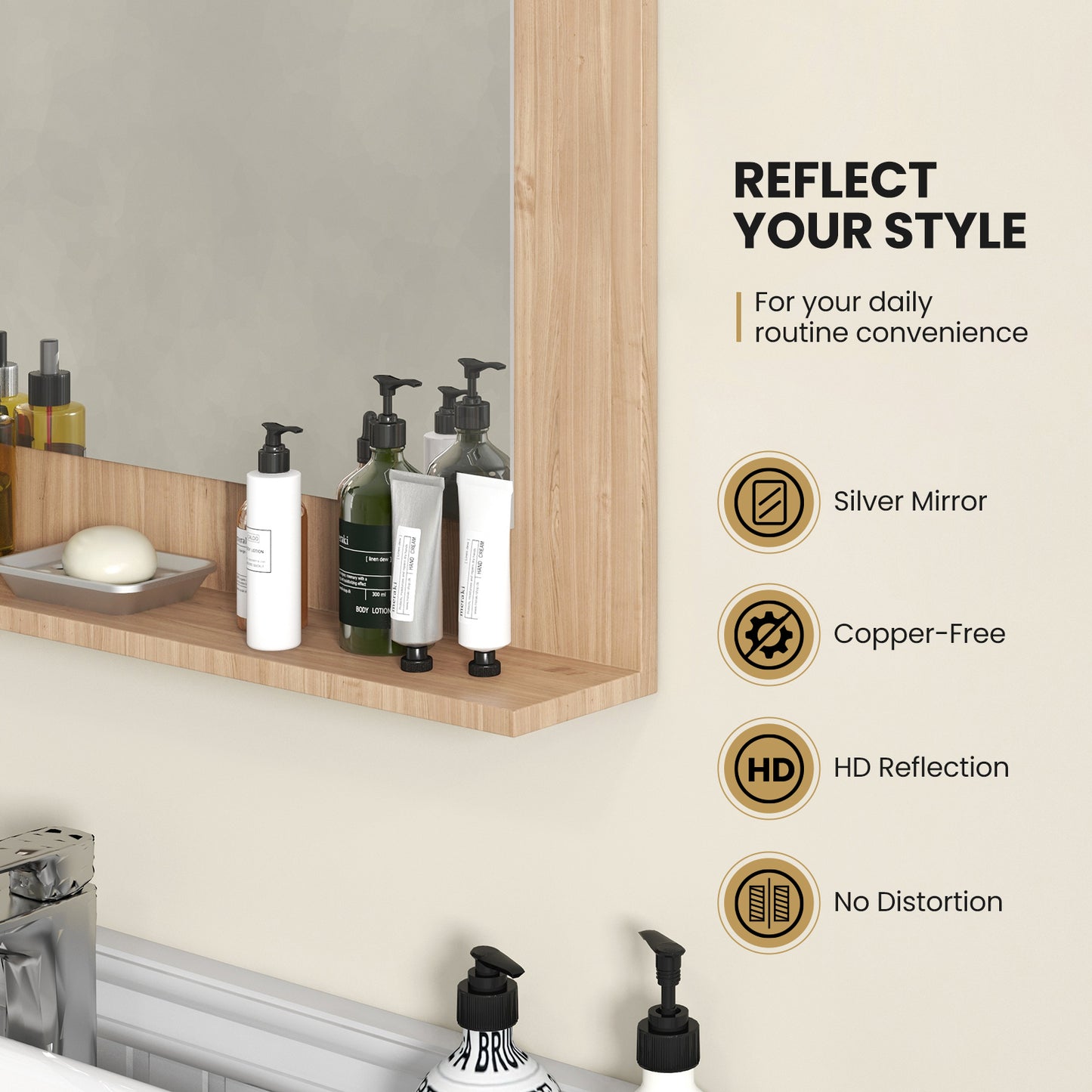 23.5 x 17.5 Inch Rectangle Bathroom Mirror with Shelf and Wood Frame - Brown