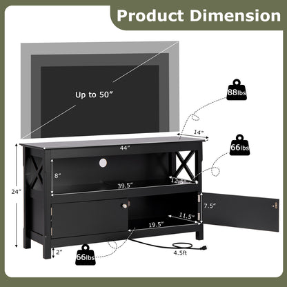 Media Storage TV Cabinet with Charging Station and Open Shelves for 50 Inch TVs - Black
