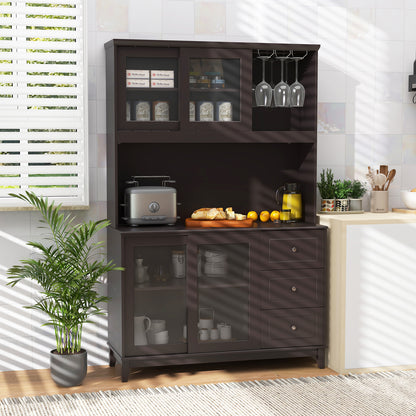 Kitchen Pantry Cabinet with LED Lights and Power Outlets, Freestanding Storage Hutch in Dark Brown