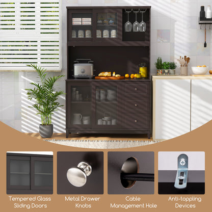 Kitchen Pantry Cabinet with LED Lights and Power Outlets, Freestanding Storage Hutch in Dark Brown