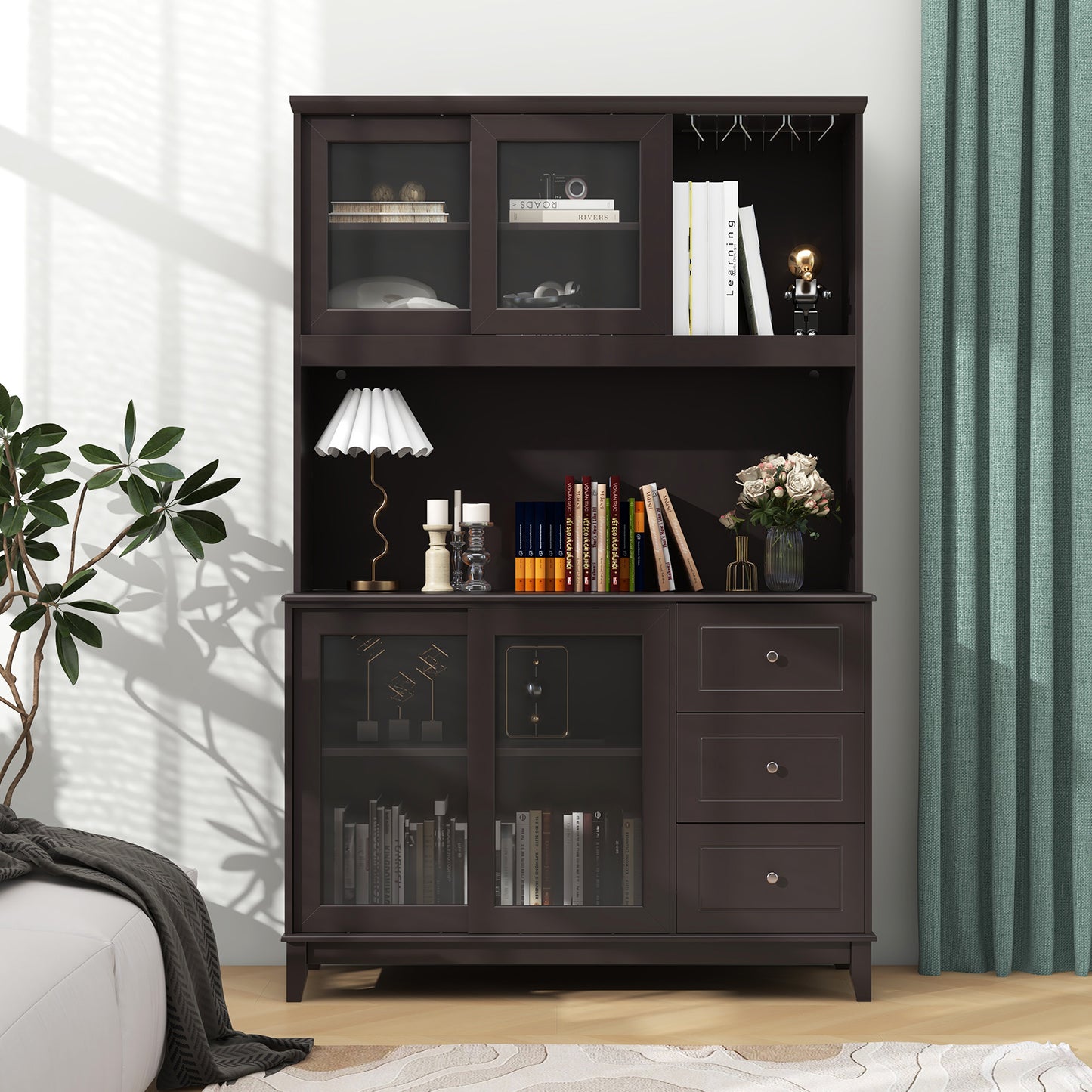 Kitchen Pantry Cabinet with LED Lights and Power Outlets, Freestanding Storage Hutch in Dark Brown