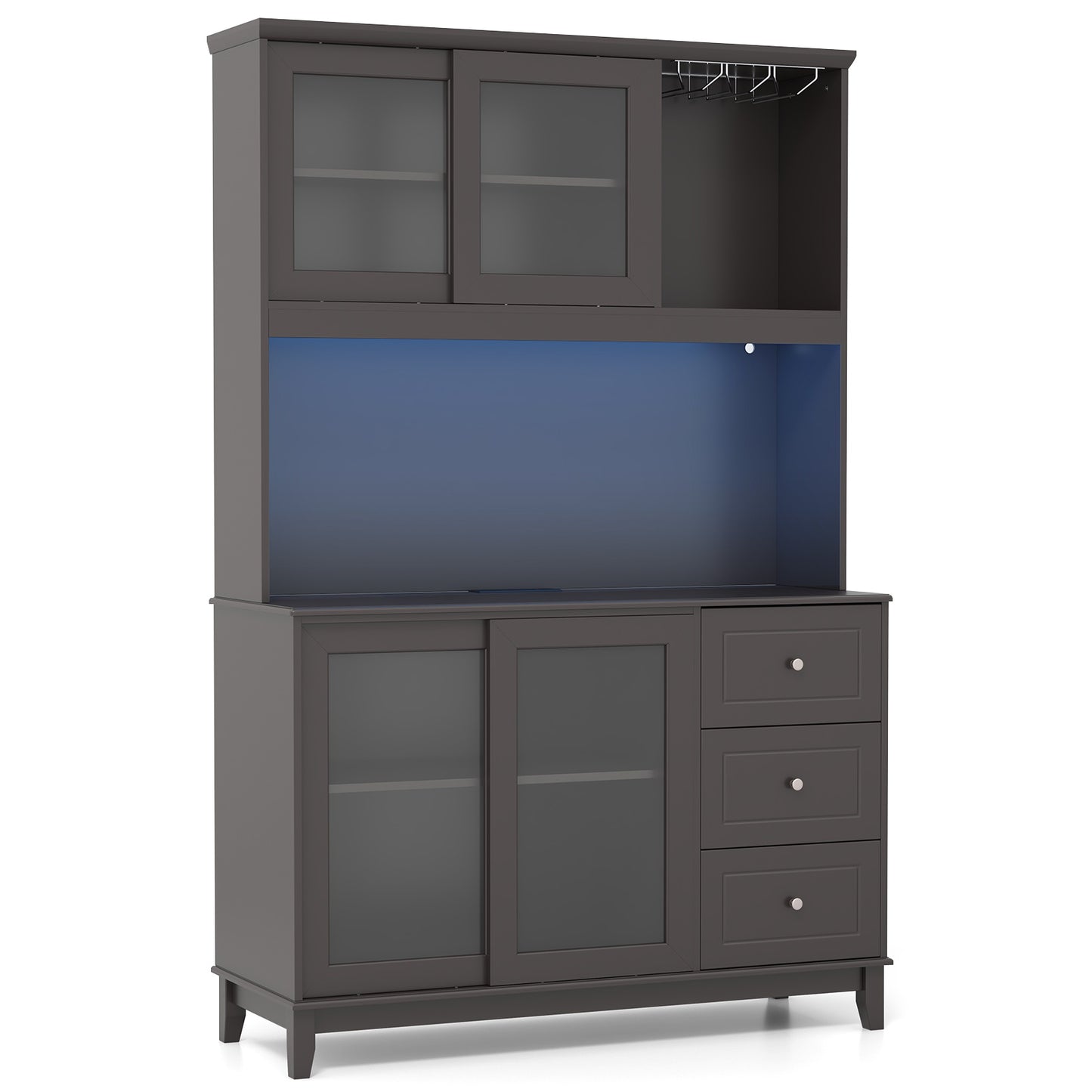 Kitchen Pantry Cabinet with LED Lights and Power Outlets, Freestanding Storage Hutch in Dark Brown