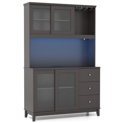 Kitchen Pantry Cabinet with LED Lights and Power Outlets, Freestanding Storage Hutch in Dark Brown