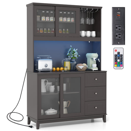 Kitchen Pantry Cabinet with LED Lights and Power Outlets, Freestanding Storage Hutch in Dark Brown