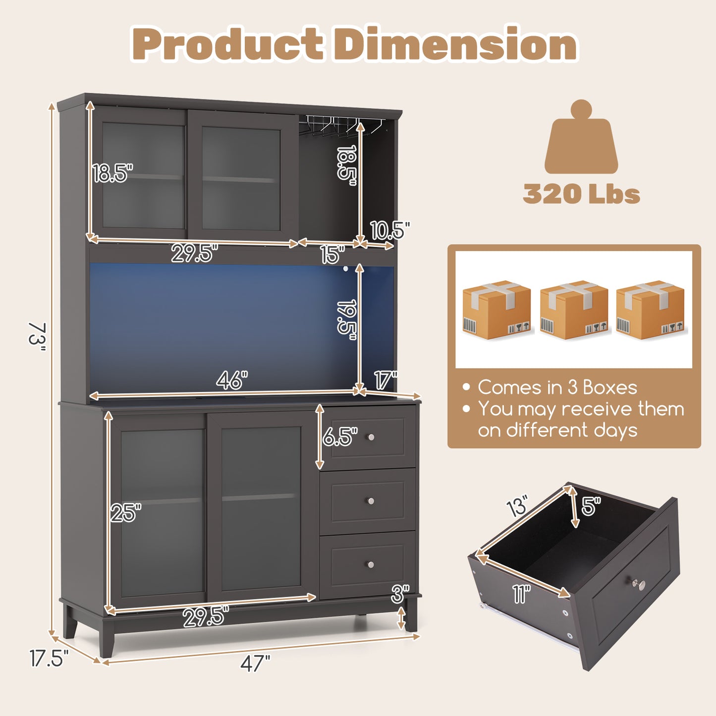 Kitchen Pantry Cabinet with LED Lights and Power Outlets, Freestanding Storage Hutch in Dark Brown