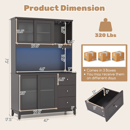 Kitchen Pantry Cabinet with LED Lights and Power Outlets, Freestanding Storage Hutch in Dark Brown
