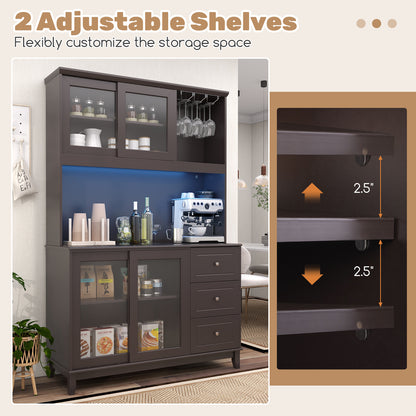 Kitchen Pantry Cabinet with LED Lights and Power Outlets, Freestanding Storage Hutch in Dark Brown